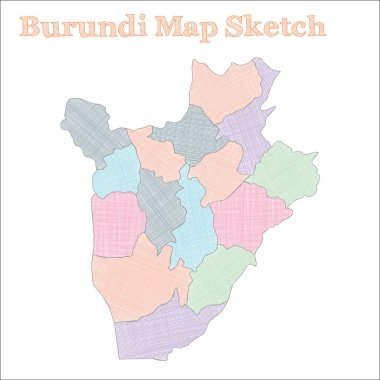 Burundi haritası. Elle çizilmiş bir ülke. Bölgeli otantik Burundi haritası. Vektör illüstrasyonu.