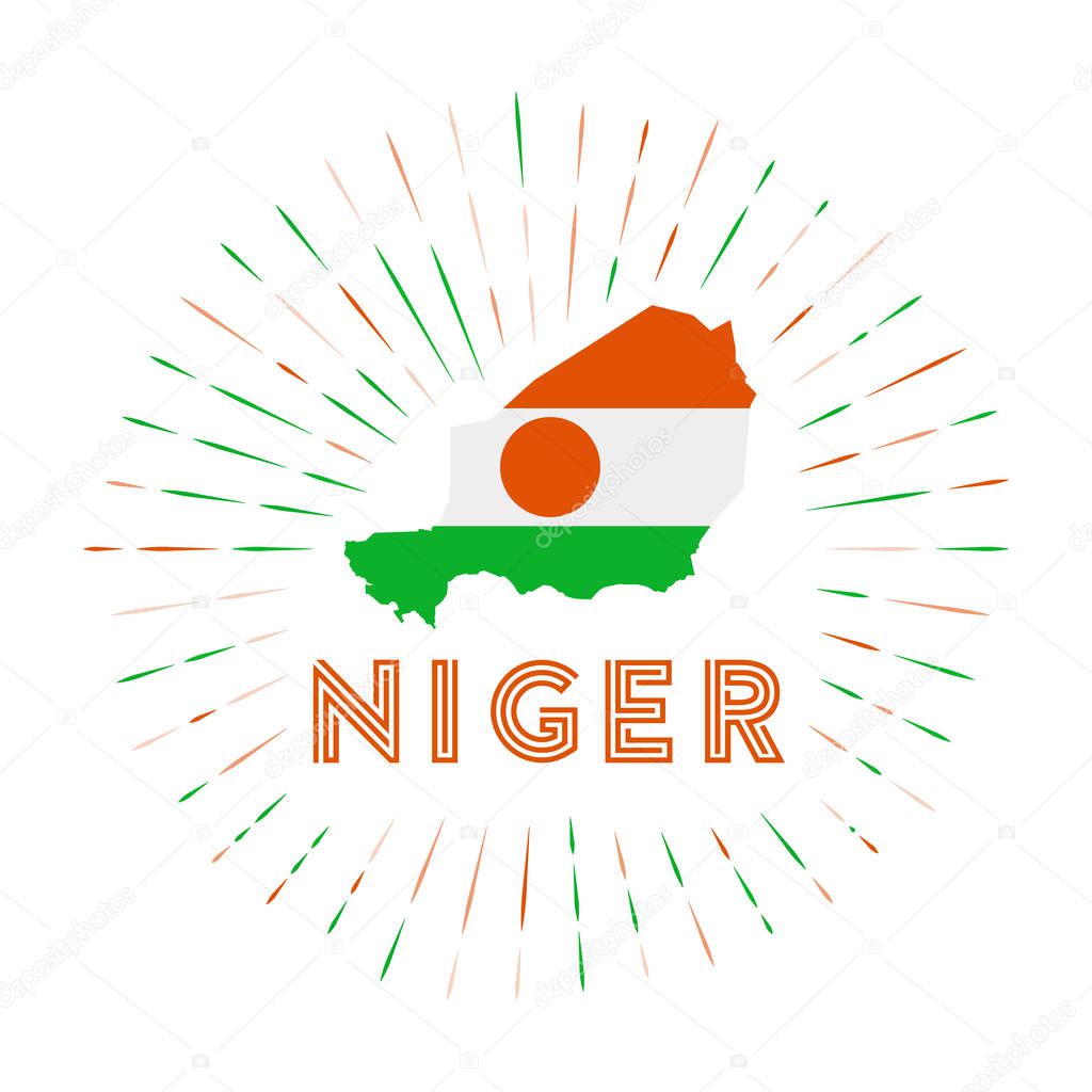 Niger sunburst badge. The country sign with map of Niger with Nigerian flag. Colorful rays around the logo. Vector illustration.