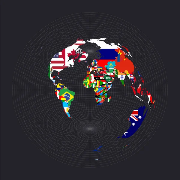 具有所有国家和国旗的世界地图阿齐穆塔尔等距离投影图 — 图库矢量图片