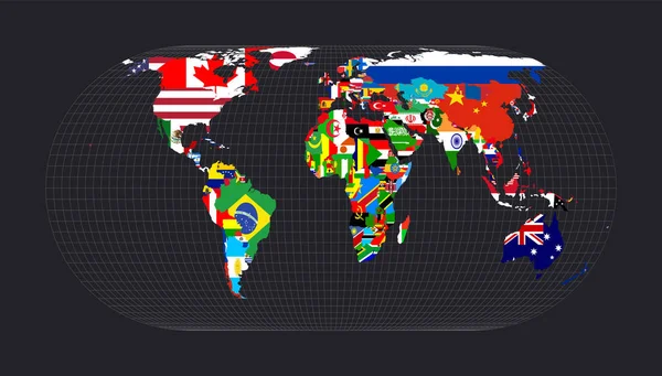 World Flag Map Eckert Iv projektion Karta över världen med meridianer på mörk bakgrund Vektor — Stock vektor