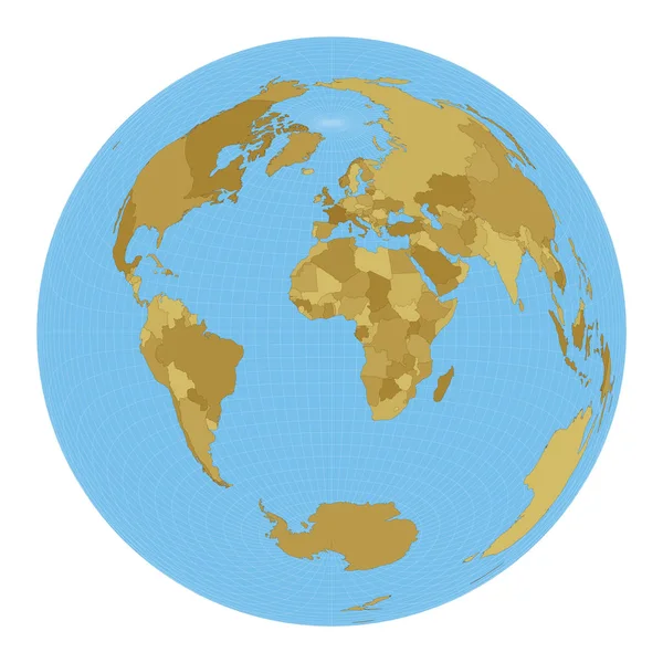 Wereld Kaart Lambert azimuthal equalarea projectie Kaart van de wereld met meridianen op blauw — Stockvector