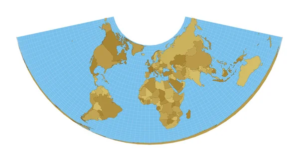 Mapa do Mundo Albers conic equalarea projection Mapa do mundo com meridianos sobre fundo azul — Vetor de Stock