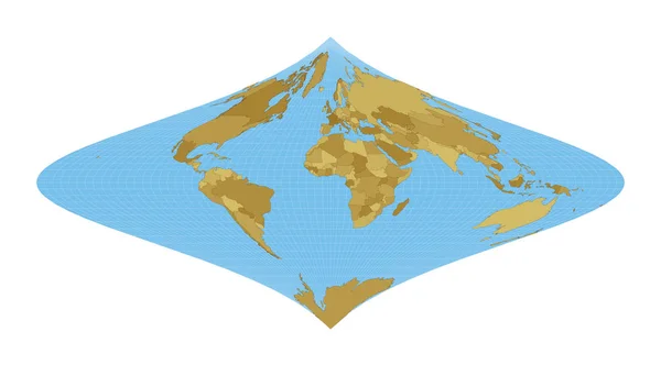 Weltkarte Foucauts Stereografische Äquivalenzprojektion Weltkarte Mit Meridianen Auf Blauem Hintergrund — Stockvektor