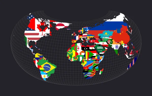 Carte Drapeau Mondial Projection Armadillo Carte Monde Avec Des Méridiens — Image vectorielle