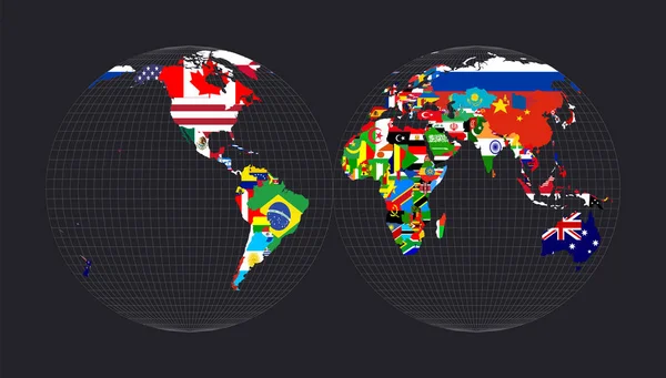Mapa Del Mundocon Banderas Cada País Proyección Mollweide Interrumpida Dos — Vector de stock