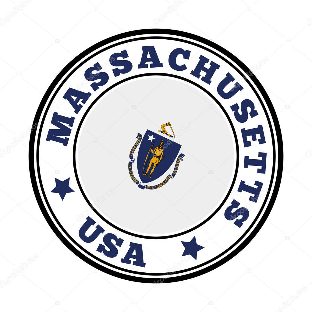 Massachusetts sign. Round us state logo with flag of Massachusetts. Vector illustration.