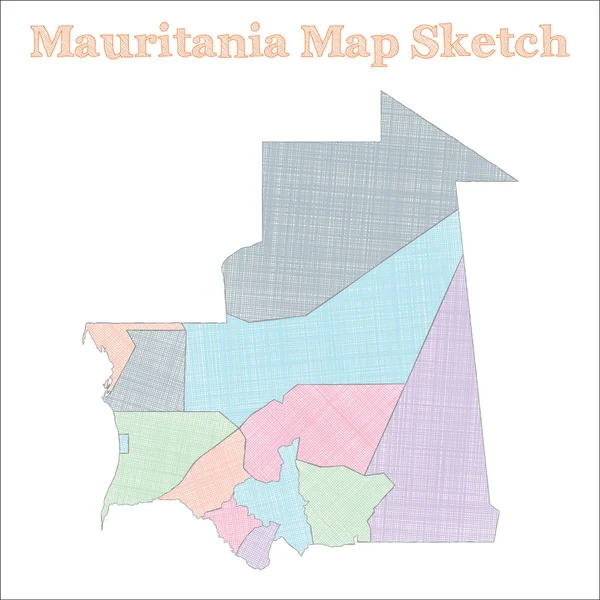 Mauritania mapa Pais dibujado Sublime sketchy Mauritania mapa con regiones Vector — Vector de stock
