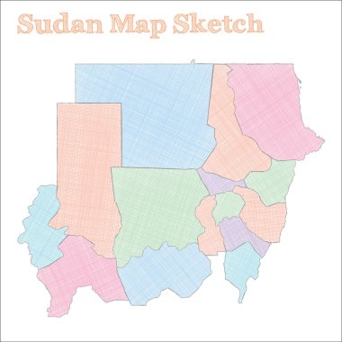Sudan haritası. Elle çizilmiş bir ülke. Bölgeleri olan güzel, baştan savma bir Sudan haritası. Vektör illüstrasyonu.