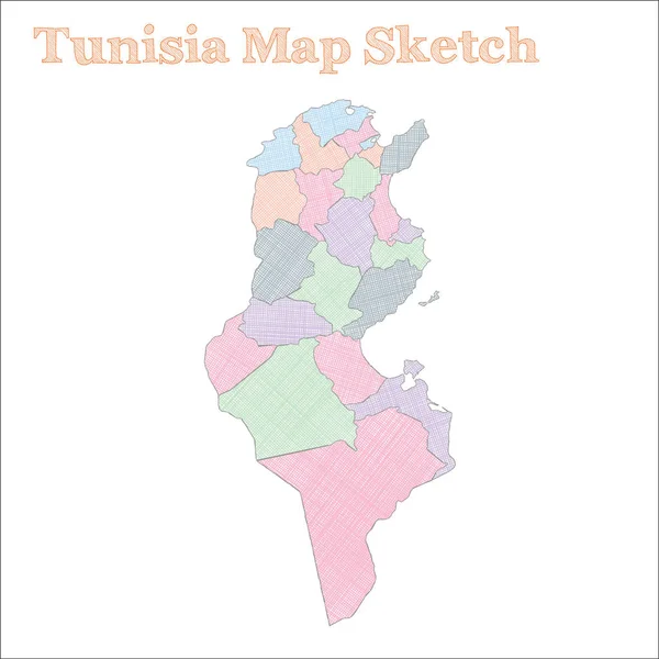 Tunisenkarte Handgezeichnete Land Elegante Skizzenhafte Tunisenkarte Mit Regionen Vektorillustration — Stockvektor