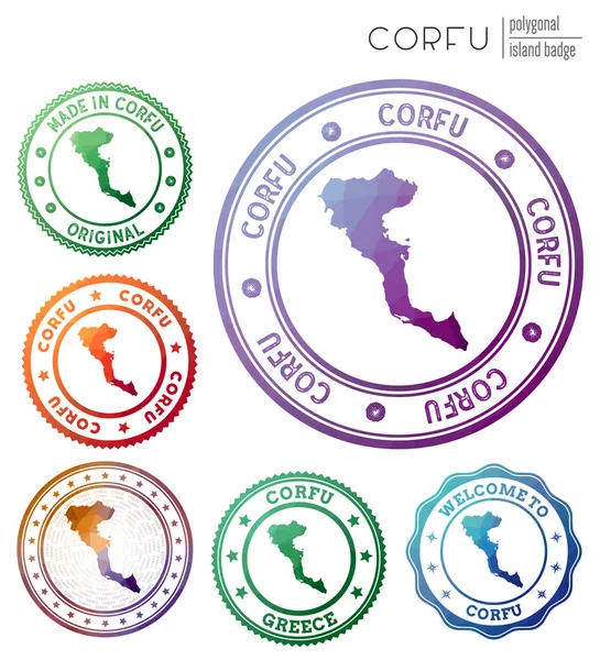 Insignia Corfú Colorido Símbolo Isla Poligonal Conjunto Logos Corfu Geométricos — Vector de stock