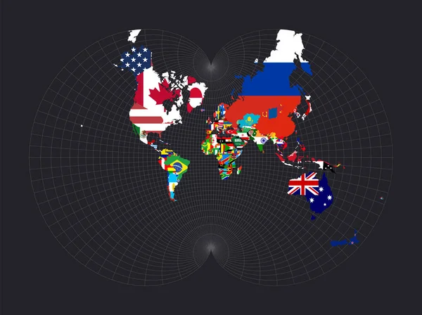 Carte Monde Avec Drapeaux Projection Conformale Épicycloïdale Août Carte Monde — Image vectorielle