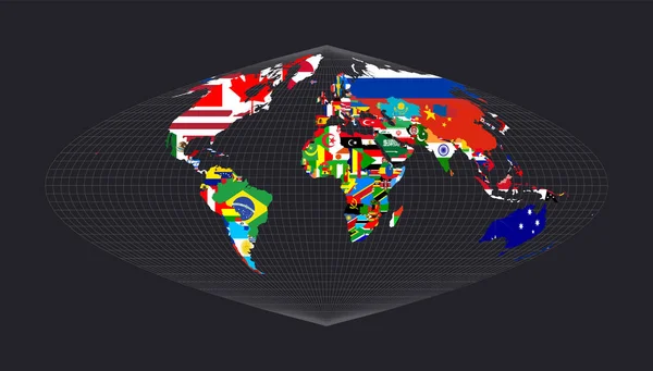 World Flag Map Craster Parabolic Projection Map World Meridians Dark — Stock Vector