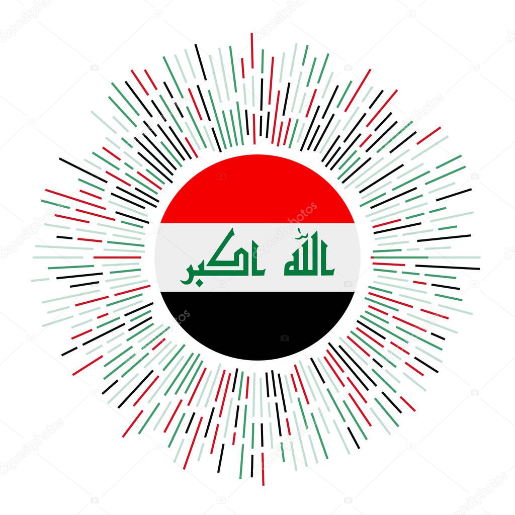 Iraq sign. Country flag with colorful rays. Radiant sunburst with Iraq flag. Vector illustration.