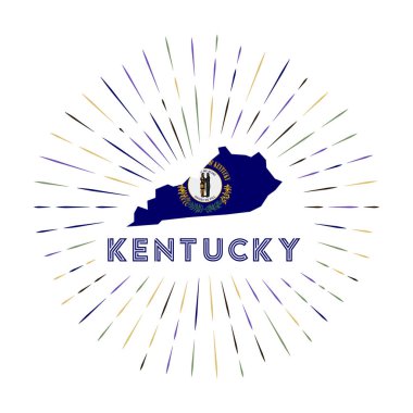 Kentucky güneş patlaması rozeti. Kentucky haritası ve renkli vatozlar.