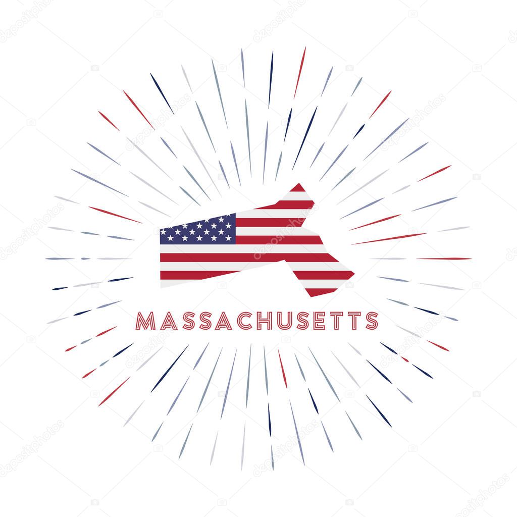 Massachusetts sunburst badge. The us state sign with map of Massachusetts with American flag. Colorful rays around the logo. Vector illustration.