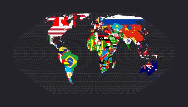 Weltkarte mit Flaggen und Projektionskarte der Welt mit Meridianen auf dunklem Hintergrund — Stockvektor