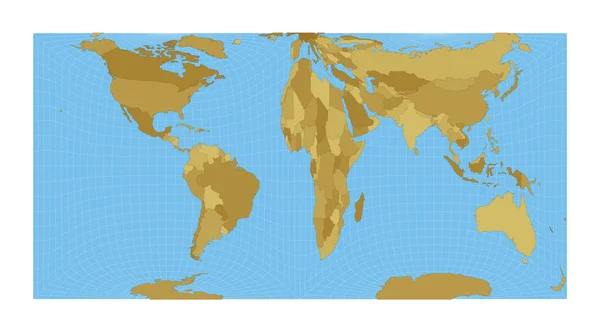 Mapa světa Gringorten square equalarea promítání Mapa světa s poledníky na modré — Stockový vektor