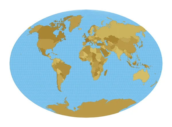 Mapa del mundo Proyección pseudocilíndrica de Fahey Mapa del mundo con meridianos sobre fondo azul — Archivo Imágenes Vectoriales
