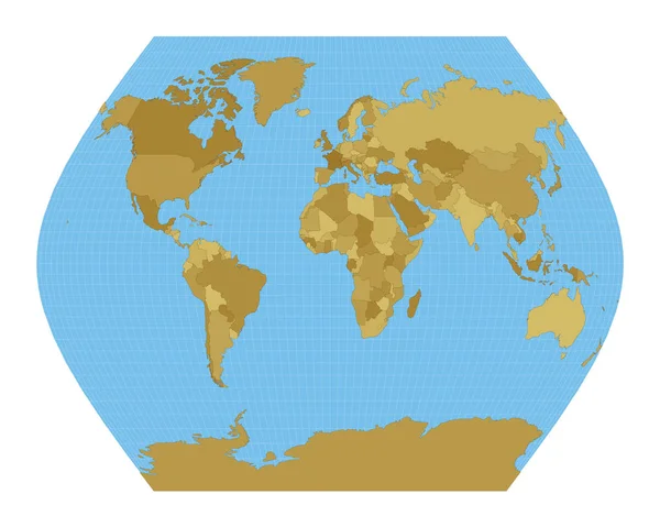 Wereldkaart Ginzburg Viii projectie Wereldkaart met meridianen op blauwe achtergrond Vector — Stockvector