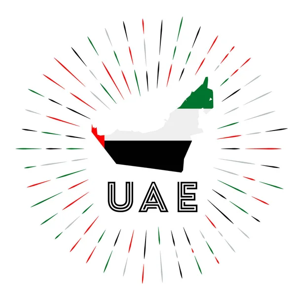 Знак страны с картой ОАЭ с Эмирийским флагом Красочные лучи вокруг — стоковый вектор
