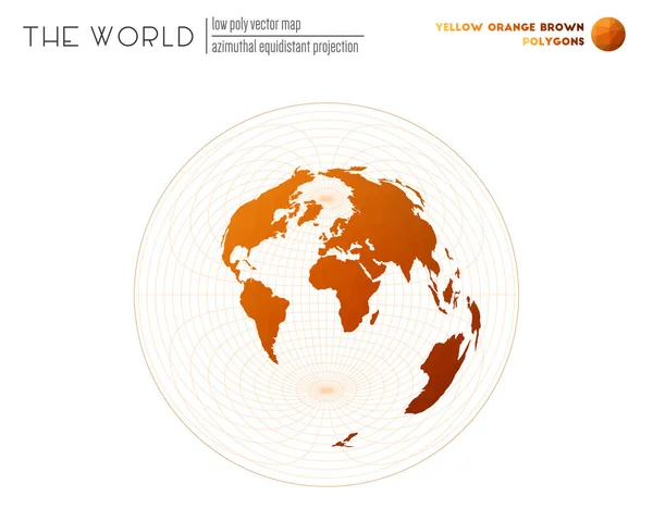 Polygonale kaart van de wereld Azimuthal projectie van de wereld Geel Oranje Bruin — Stockvector