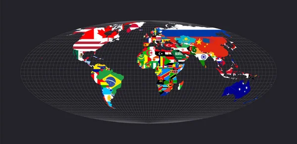 Карта мира с флагами каждой страны и меридианами на темной стороне — стоковый вектор