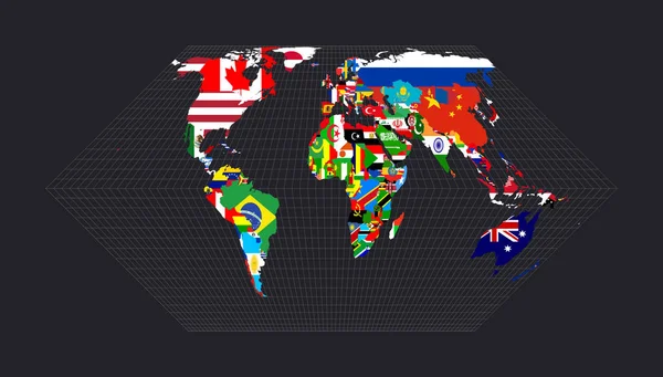 Mapa del mundocon banderas de cada país Eckert II Proyección Mapa del mundo con meridianos en la oscuridad — Archivo Imágenes Vectoriales