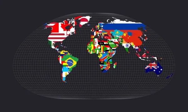 Karta över världen med flaggor Loximuthal projektion Karta över världen med meridianer på mörker — Stock vektor