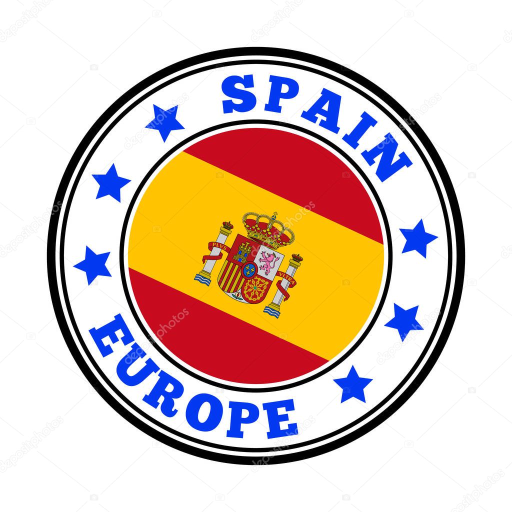 Spain sign. Round country logo with flag of Spain. Vector illustration.
