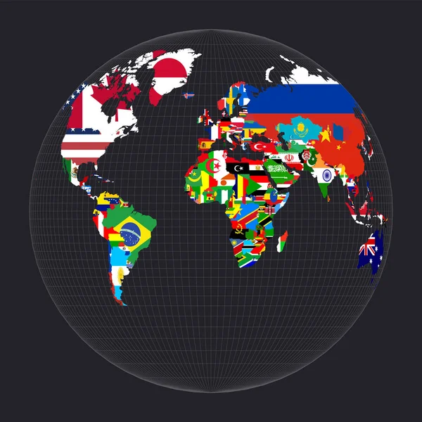 Världskarta med flaggor Gilberts twoworld perspektiv projektion Karta över världen med meridianer på — Stock vektor
