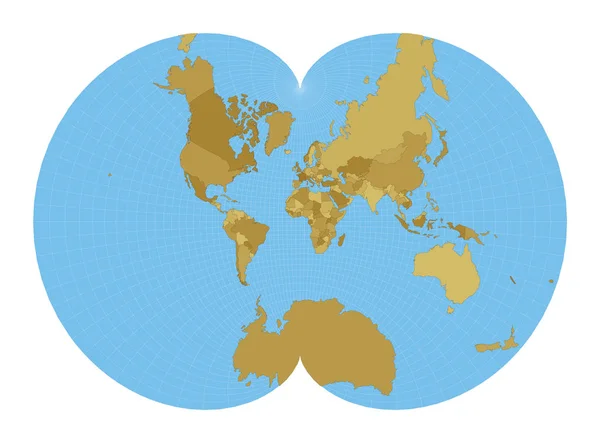 世界地図 8月の黄道帯の共形投影 青い背景に子午線で世界の地図 ベクターイラスト — ストックベクタ