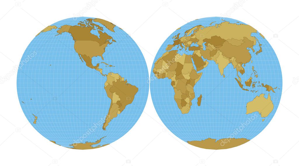 World Map. Mollweide projection interrupted into two (equal-area) hemispheres. Map of the world with meridians on blue background. Vector illustration.