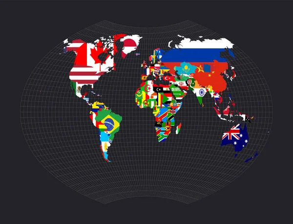 World Flag Map Ginzburg Projection Map World Meridians Dark Background — Stock Vector