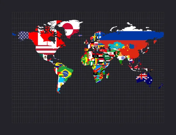 Worldmapwithallcountries Andtheirflags Miller Cylindrical Projection Map World Meridians Dark Background — 스톡 벡터