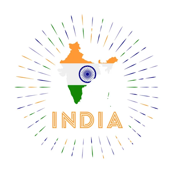 Indien sunburst badge Landet skylt med karta över Indien med indisk flagga Färgglada strålar runt — Stock vektor