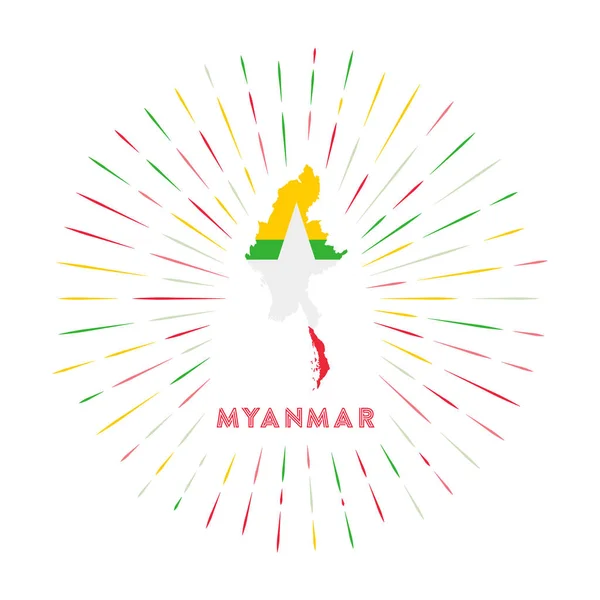Insígnia sunburst de Mianmar O país assina com mapa de Mianmar com bandeira de Mianmaria Raios coloridos —  Vetores de Stock