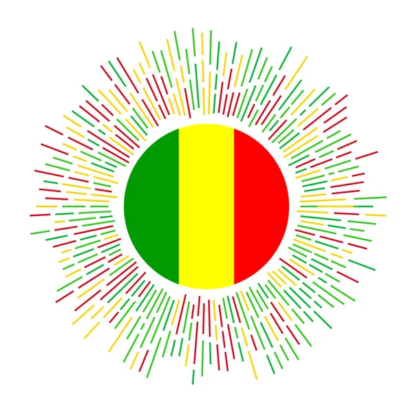 Mali tecken Land flagga med färgglada strålar Strålande solbränna med Mali flagga vektor illustration — Stock vektor