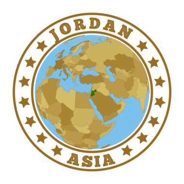 Ürdün logo yuvarlak rozeti dünya bağlamında Ürdün haritası ülke çıkartması damgalı