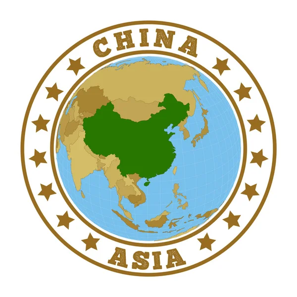 Κίνα λογότυπο Στρογγυλό σήμα της χώρας με χάρτη της Κίνας σε παγκόσμιο πλαίσιο Χώρα αυτοκόλλητο σφραγίδα με — Διανυσματικό Αρχείο