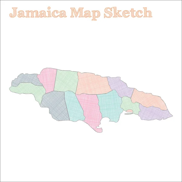 Jamaica karta Handritat land Mindblowing sketchy Jamaica karta med regioner Vektor illustration — Stock vektor