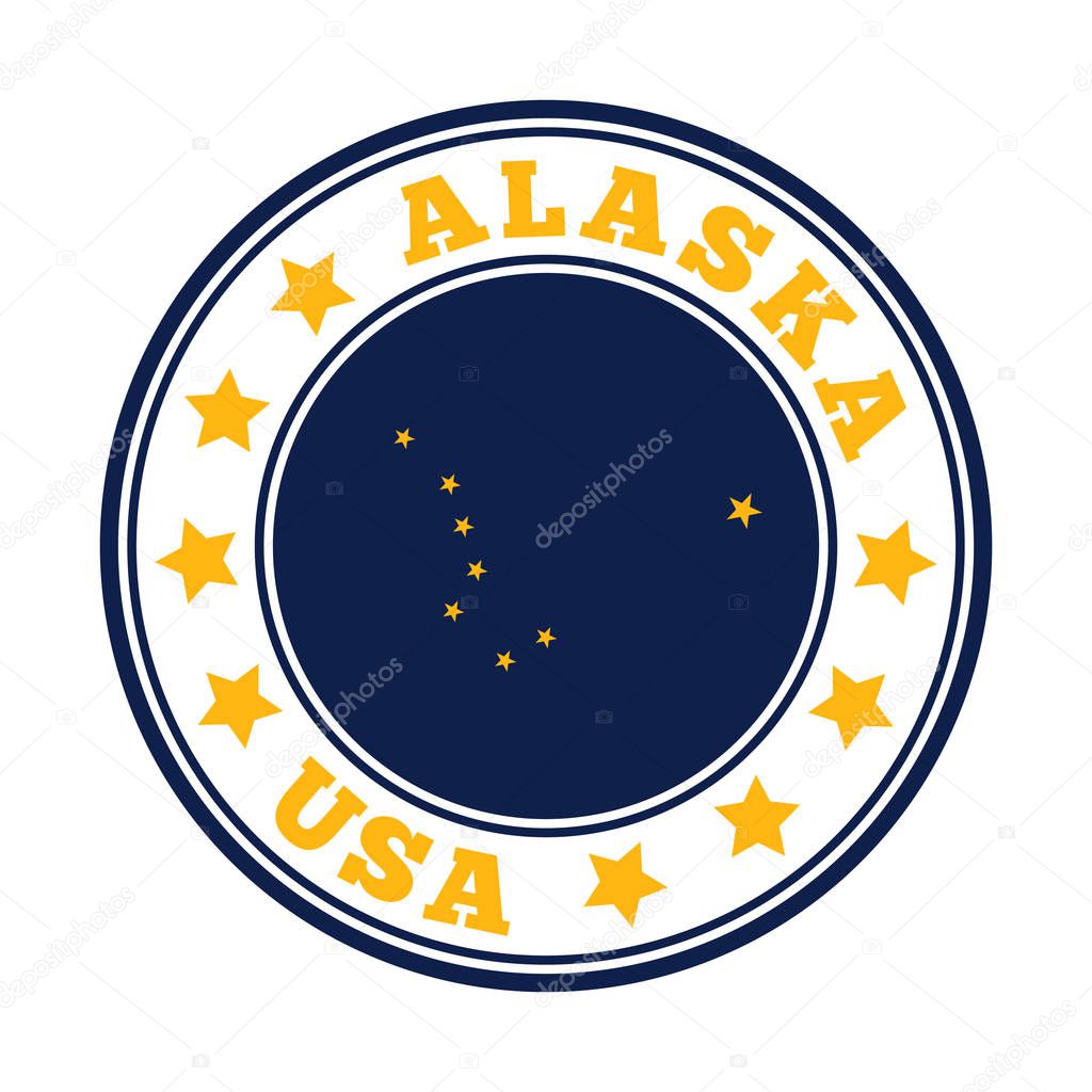 Alaska sign Round us state logo with flag of Alaska Vector illustration
