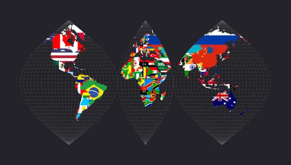 Mapa del mundo con banderas Proyección sinusoidal interrumpida Mapa del mundo con meridianos en — Archivo Imágenes Vectoriales