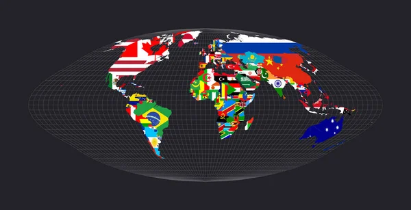 Worldmapwith Bandeiras Cada País Projecção Homolosina Goode Área Igual Pseudocilíndrica —  Vetores de Stock