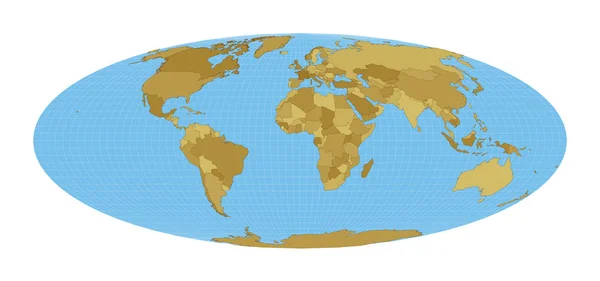 Världskarta Bromley projektion Karta över världen med meridianer på blå bakgrund Vektor — Stock vektor