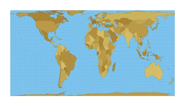 Mapa světa Válcová projekce stejné plochy Mapa světa s poledníky na modrém pozadí — Stockový vektor