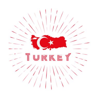 Hindi güneş kremi rozeti. Ülke Türkiye haritasıyla Türk bayrağını imzaladı. Logonun etrafına renkli ışınlar. Vektör illüstrasyonu.