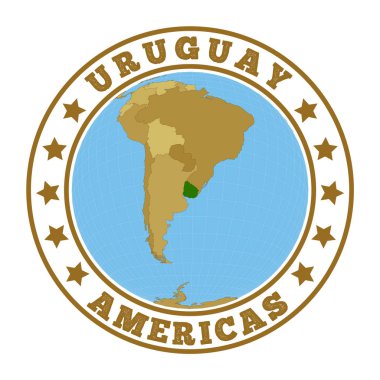 Uruguay logosu. Dünya bağlamında Uruguay haritalı yuvarlak ülke rozeti. Üzerinde dünya haritası ve yuvarlak metin olan ülke etiketi. Vektör illüstrasyonu.