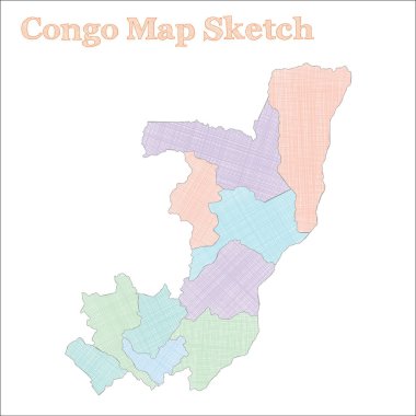Kongo haritası. Elle çizilmiş bir ülke. Bölgeli dramatik Kongo haritası. Vektör illüstrasyonu.