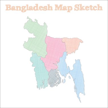 Bangladeş haritası. Elle çizilmiş bir ülke. Bölgelerle Bangladeş haritasını büyülemek. Vektör illüstrasyonu.