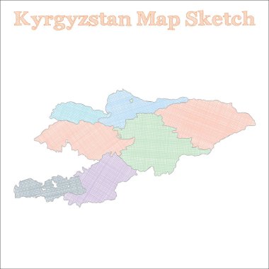 Kırgızistan haritası. Elle çizilmiş bir ülke. Bölgeli en uygun Kırgızistan haritası. Vektör illüstrasyonu.